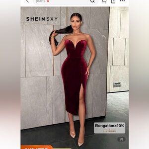 SHEIN Burgundy Strapless Velvet Midi Dress